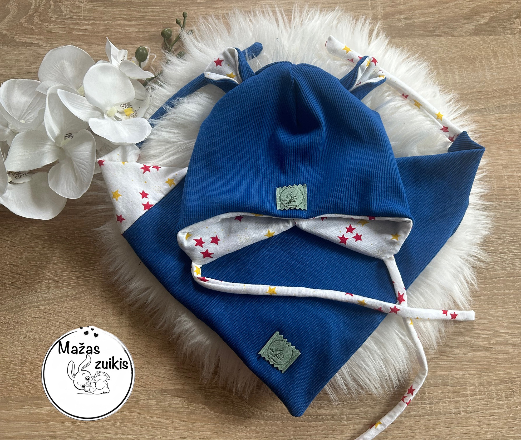Kepurė ir kaklaskarė pavasariui/rudeniui “Rugiagėlės mėlyna” 43-47cm galvytei
