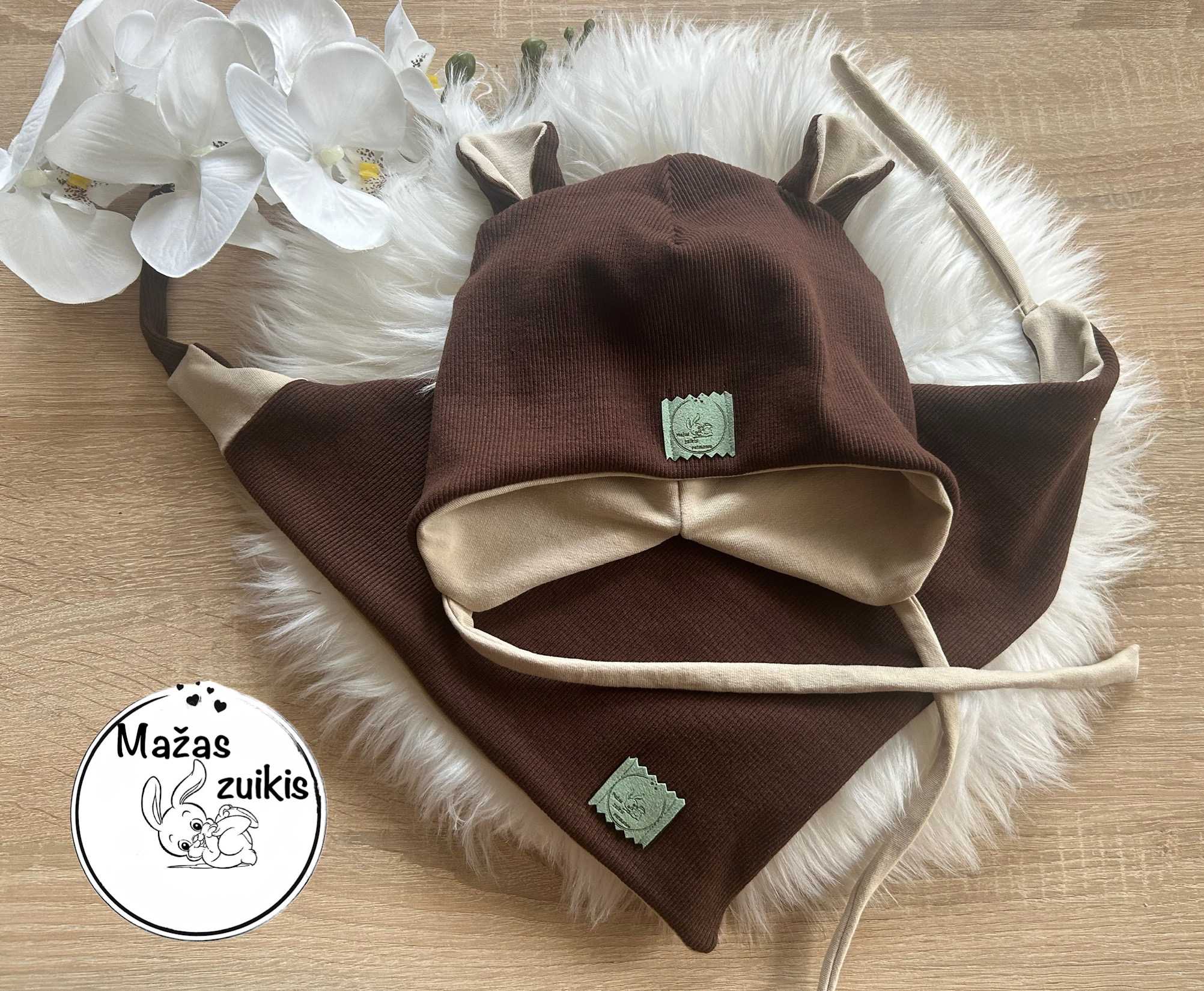 Kepurė ir kaklaskarė pavasariui/rudeniui “Dusty brown” 43-47cm galvytei